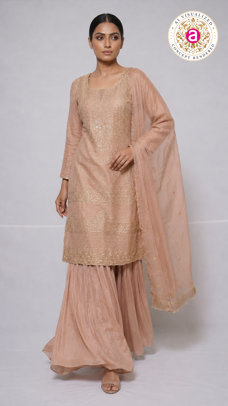 Blush Pink Embroidered Kurta Sharara Set with Dupatta
