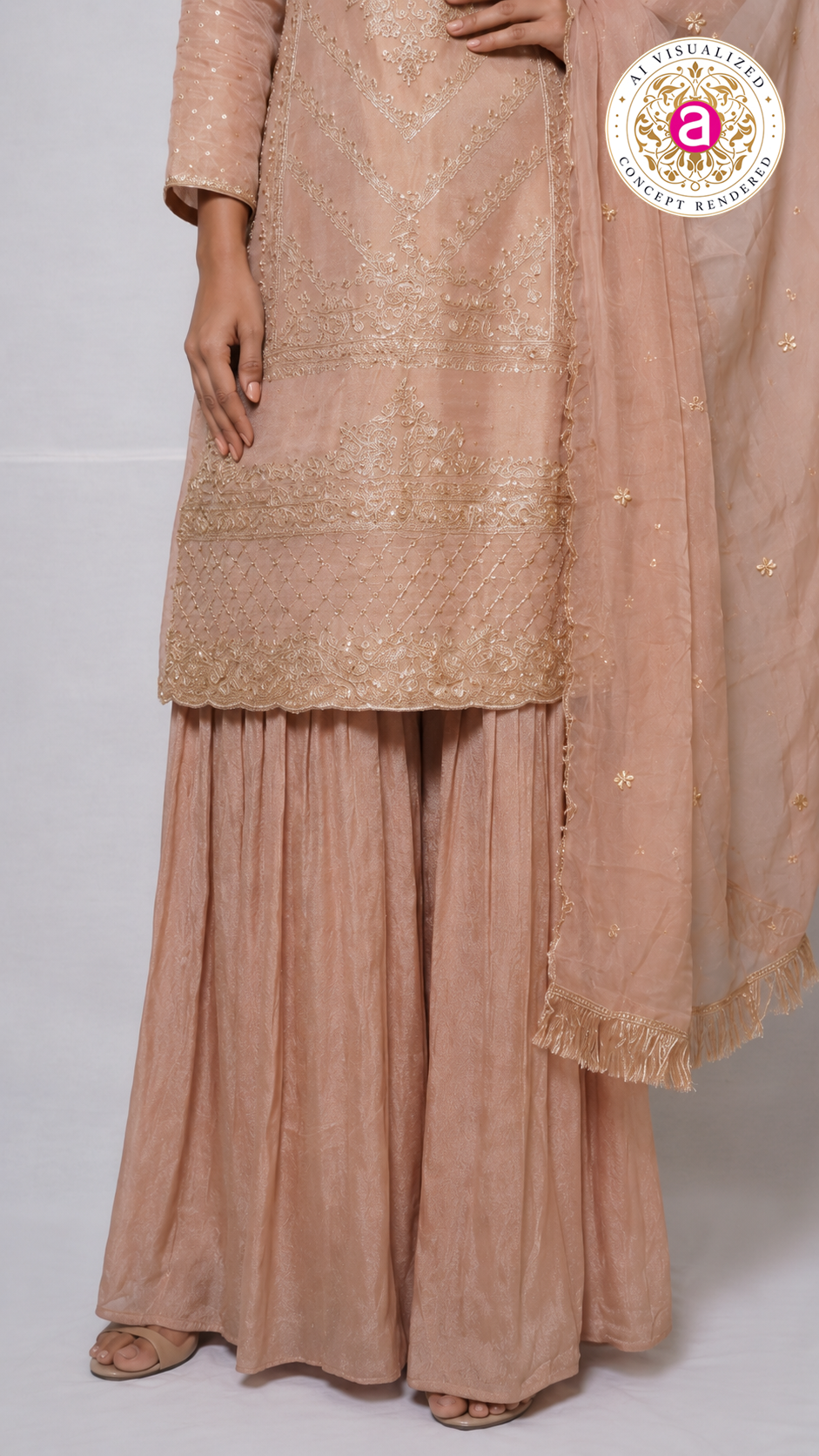 Blush Pink Embroidered Kurta Sharara Set with Dupatta