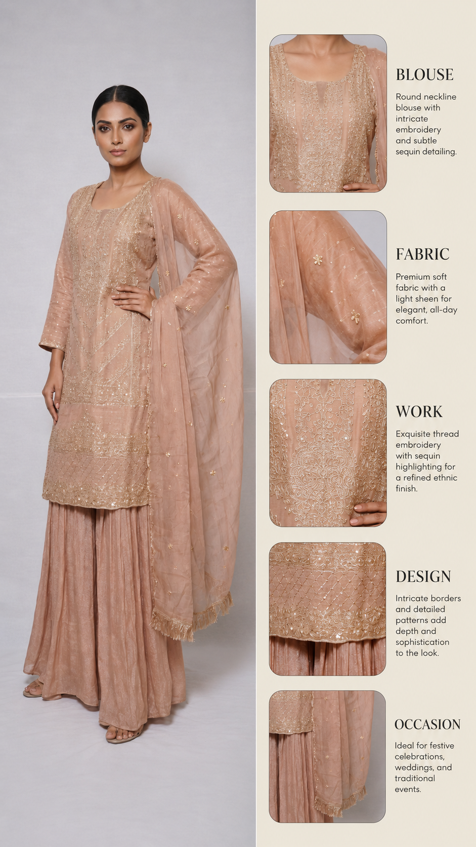 Blush Pink Embroidered Kurta Sharara Set with Dupatta