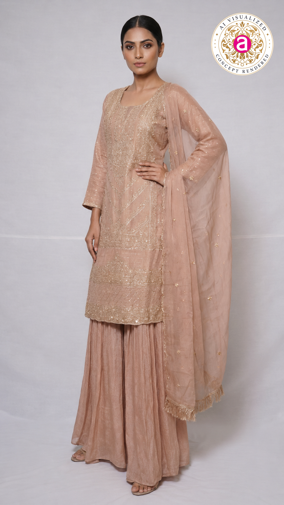 Blush Pink Embroidered Kurta Sharara Set with Dupatta