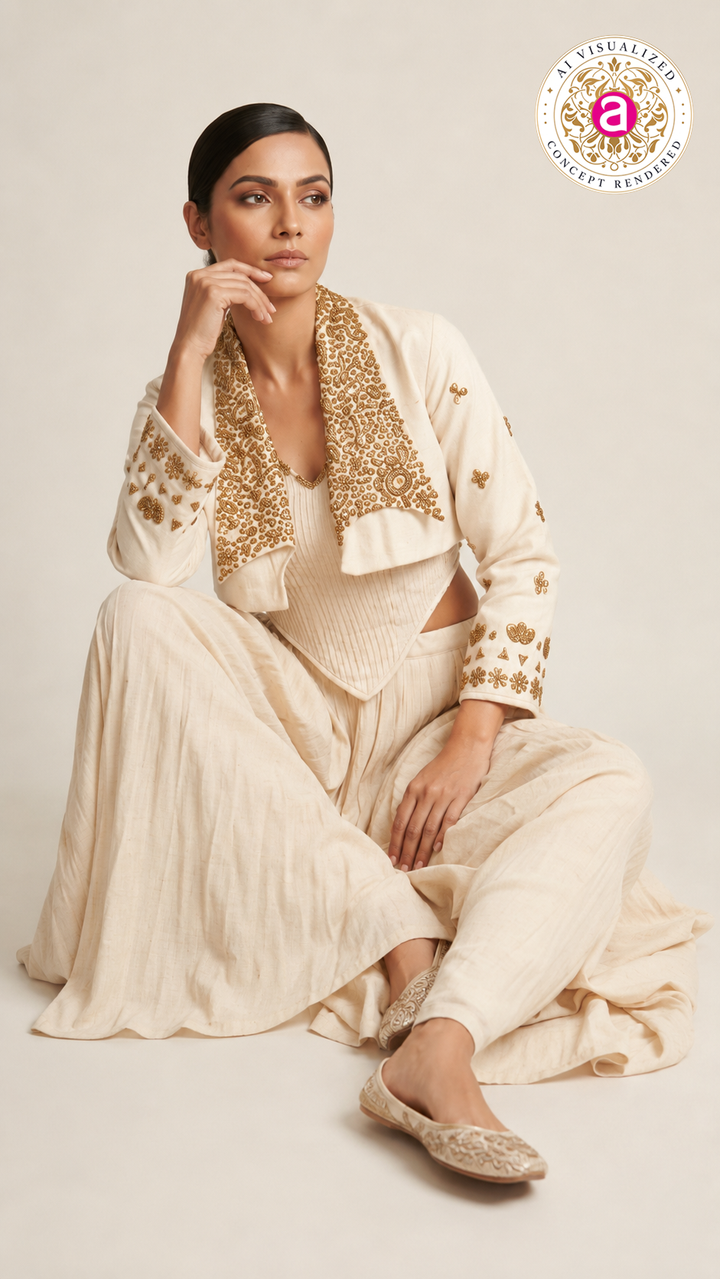 Ivory Embroidered Jacket with Corset Top & Gathered Skirt Co-Ord Set