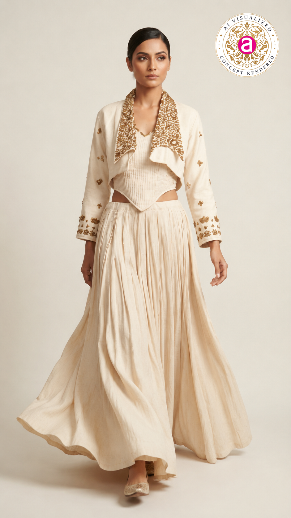 Ivory Embroidered Jacket with Corset Top & Gathered Skirt Co-Ord Set