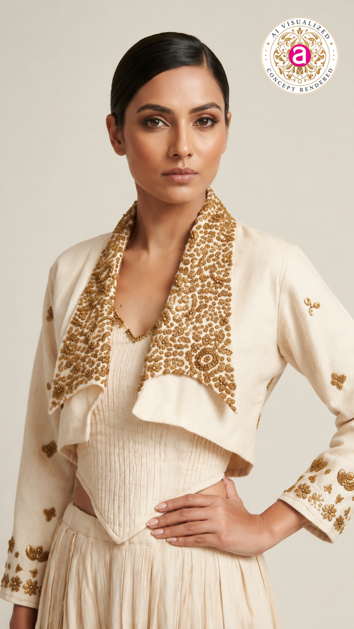 Ivory Embroidered Jacket with Corset Top & Gathered Skirt Co-Ord Set