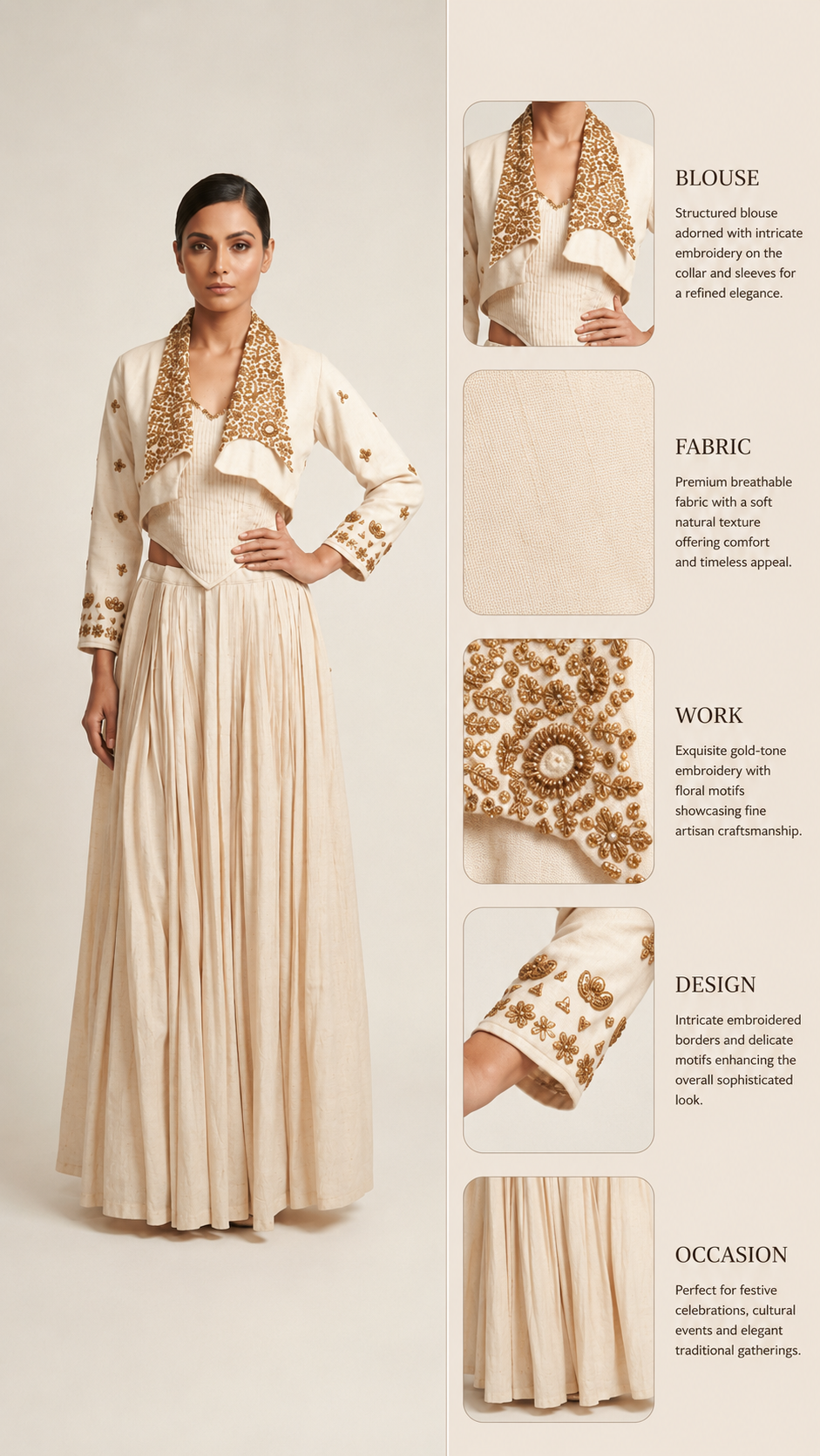 Ivory Embroidered Jacket with Corset Top & Gathered Skirt Co-Ord Set