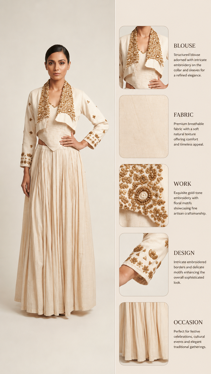Ivory Embroidered Jacket with Corset Top & Gathered Skirt Co-Ord Set
