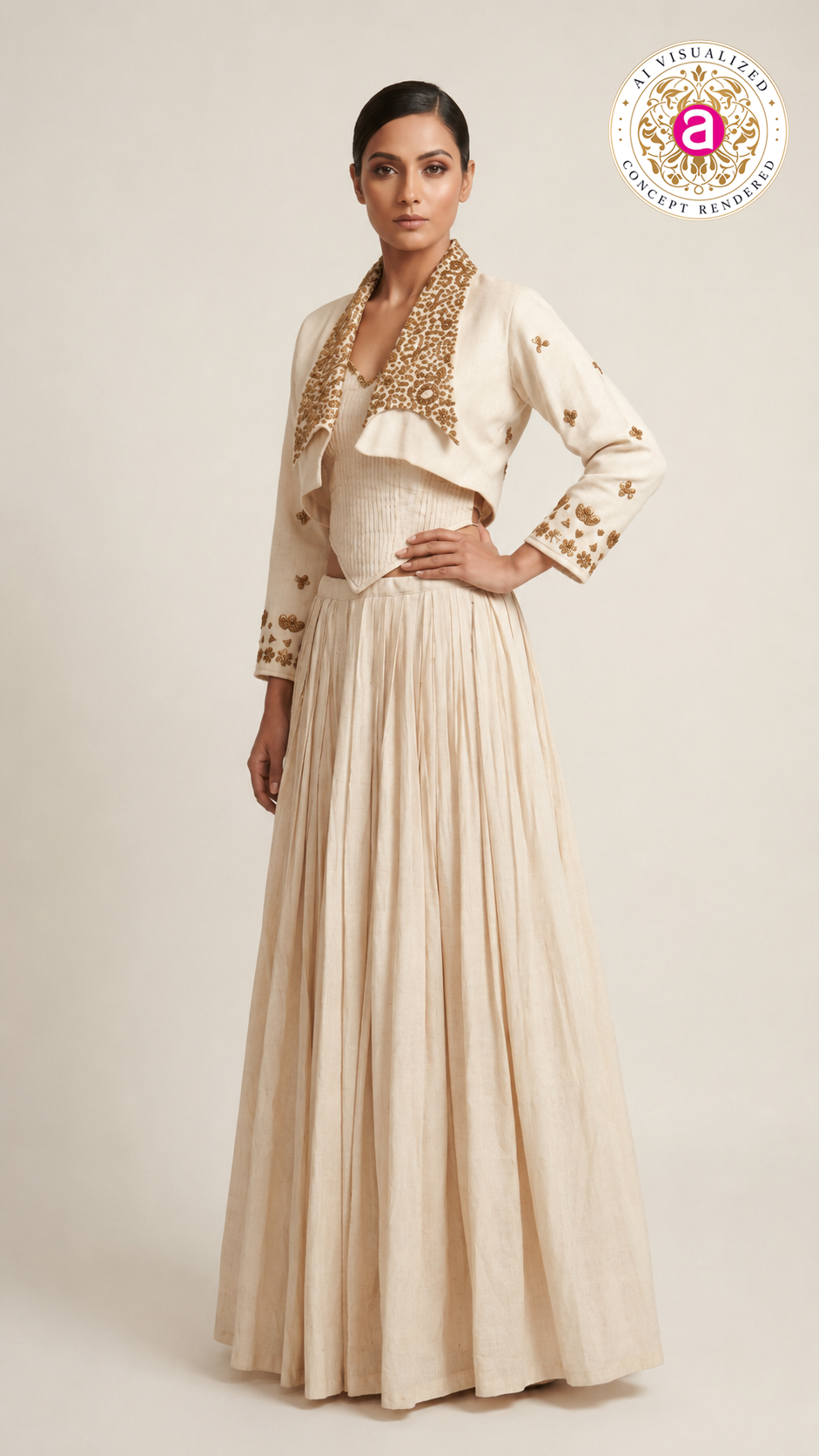 Ivory Embroidered Jacket with Corset Top & Gathered Skirt Co-Ord Set