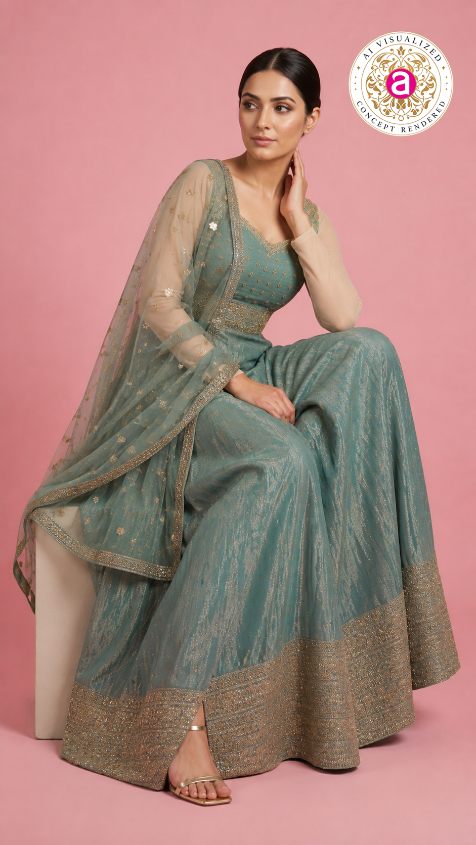 Sage Green Shimmer Anarkali Gown with Embroidered Dupatta