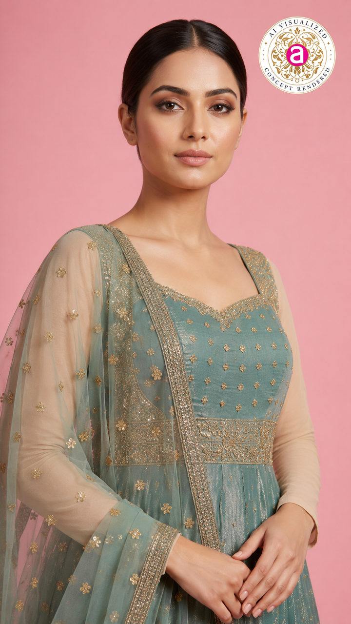 Sage Green Shimmer Anarkali Gown with Embroidered Dupatta