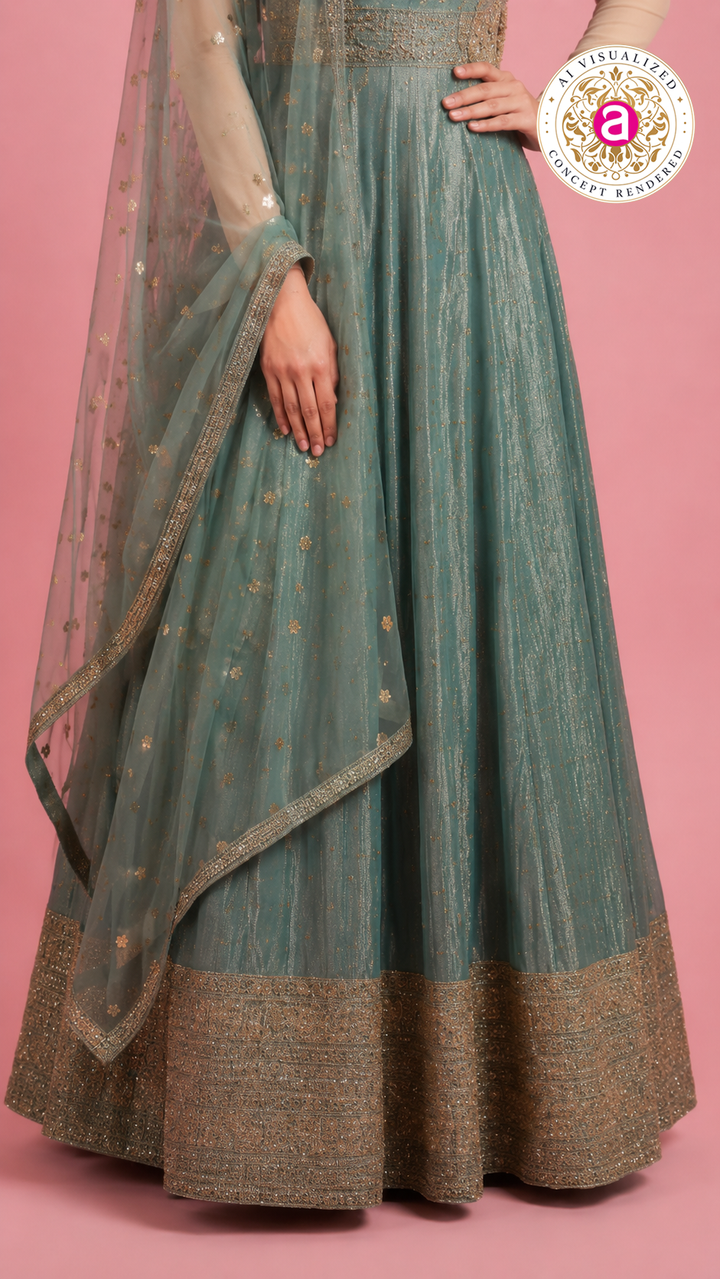 Sage Green Shimmer Anarkali Gown with Embroidered Dupatta