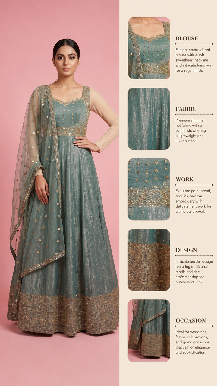 Sage Green Shimmer Anarkali Gown with Embroidered Dupatta