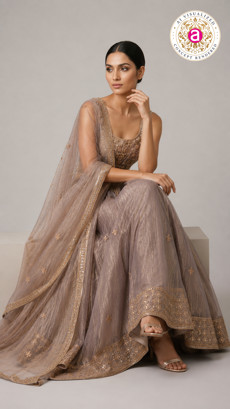 Taupe Beige Embellished Palazzo Set with Handworked Bodice & Designer Dupatta
