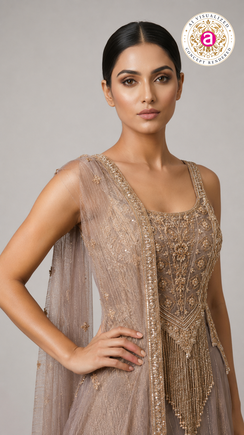 Taupe Beige Embellished Palazzo Set with Handworked Bodice & Designer Dupatta