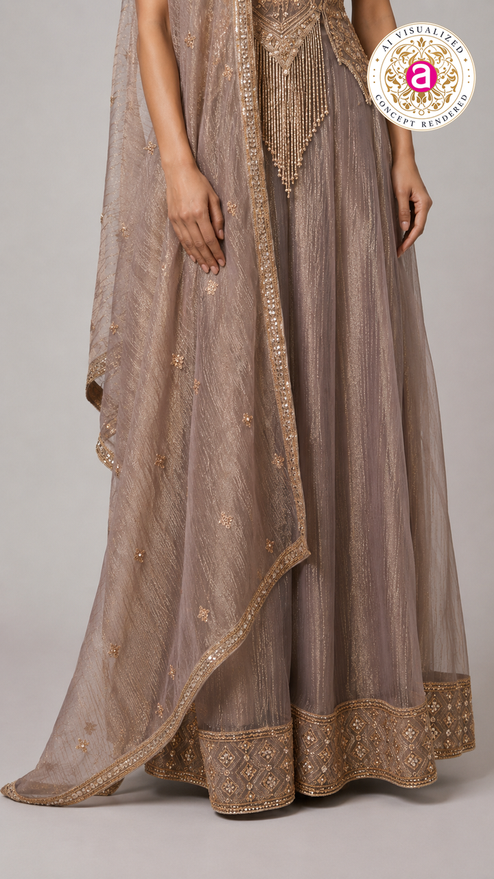 Taupe Beige Embellished Palazzo Set with Handworked Bodice & Designer Dupatta