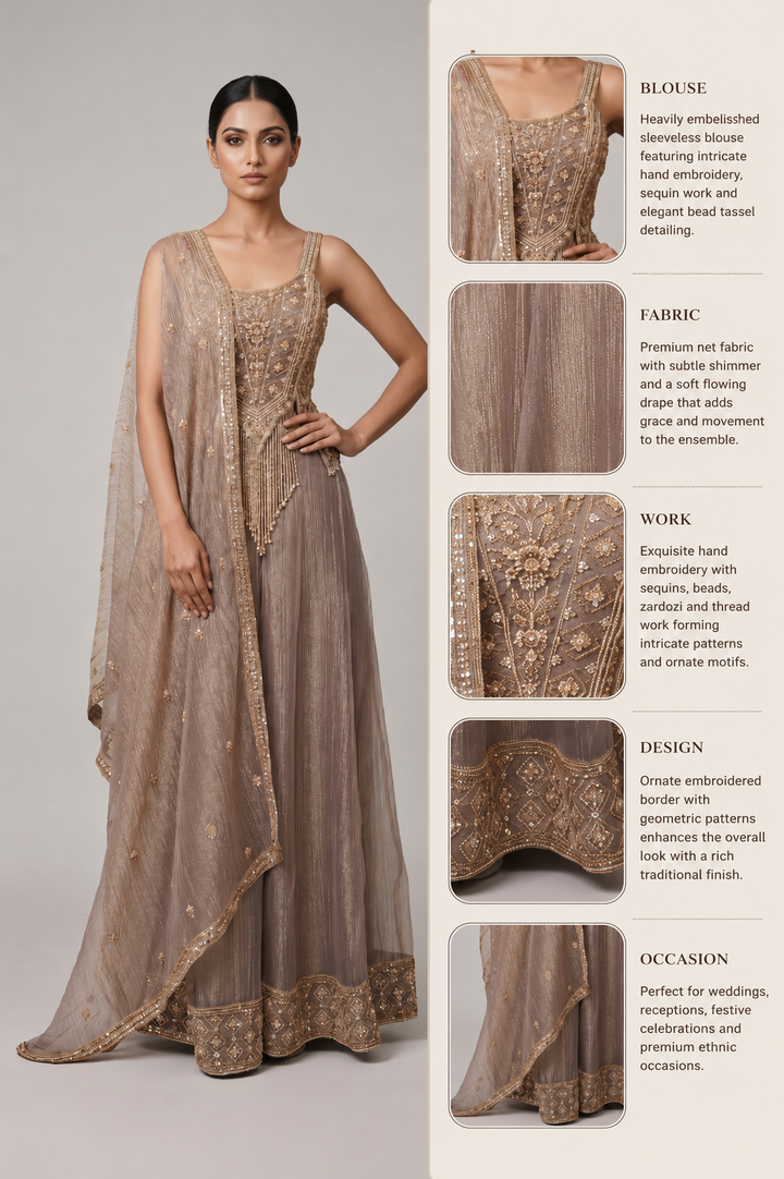 Taupe Beige Embellished Palazzo Set with Handworked Bodice & Designer Dupatta