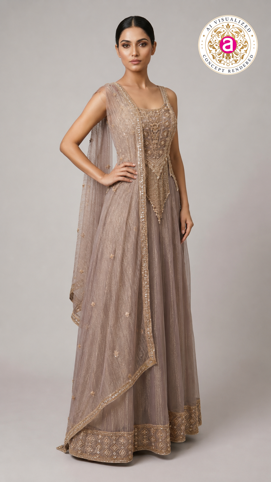 Taupe Beige Embellished Palazzo Set with Handworked Bodice & Designer Dupatta