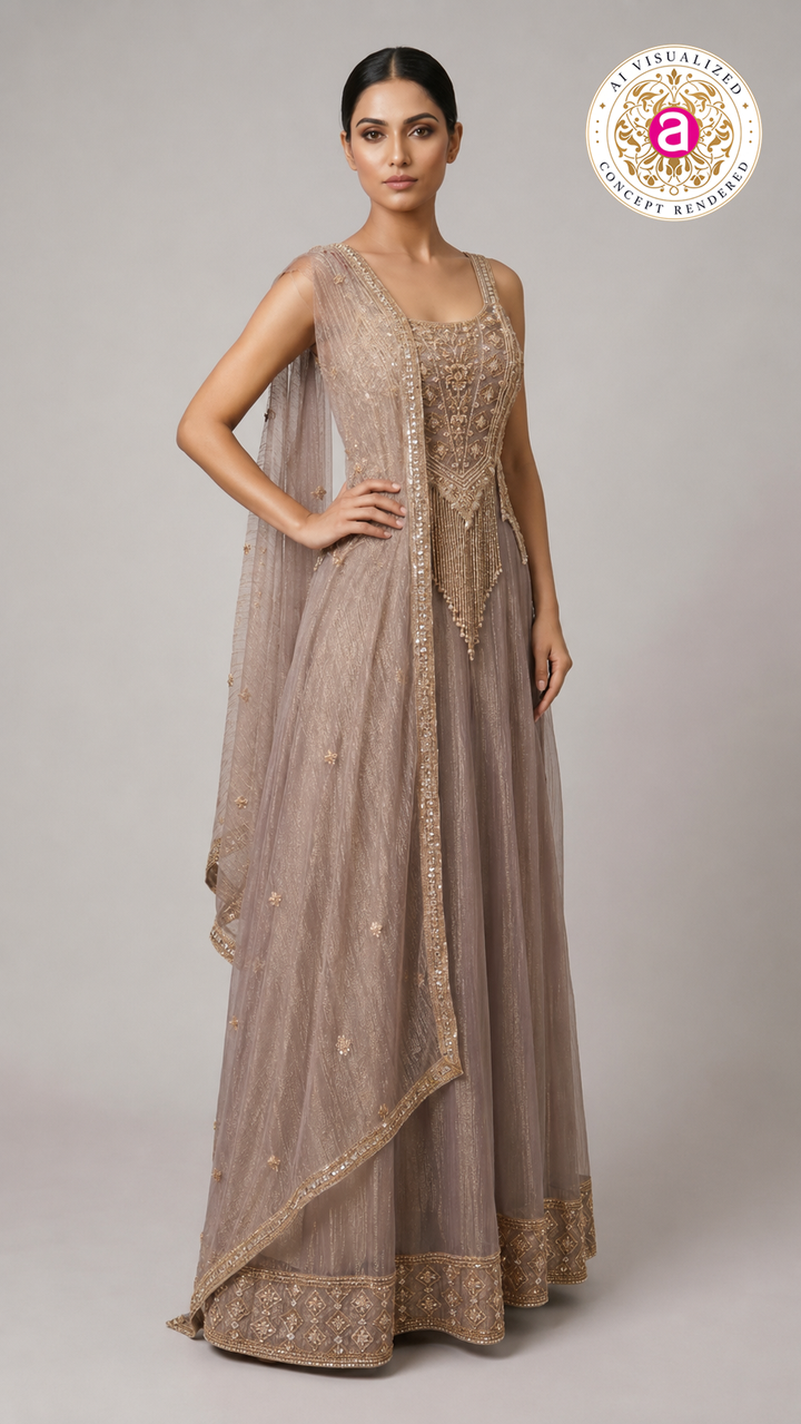 Taupe Beige Embellished Palazzo Set with Handworked Bodice & Designer Dupatta