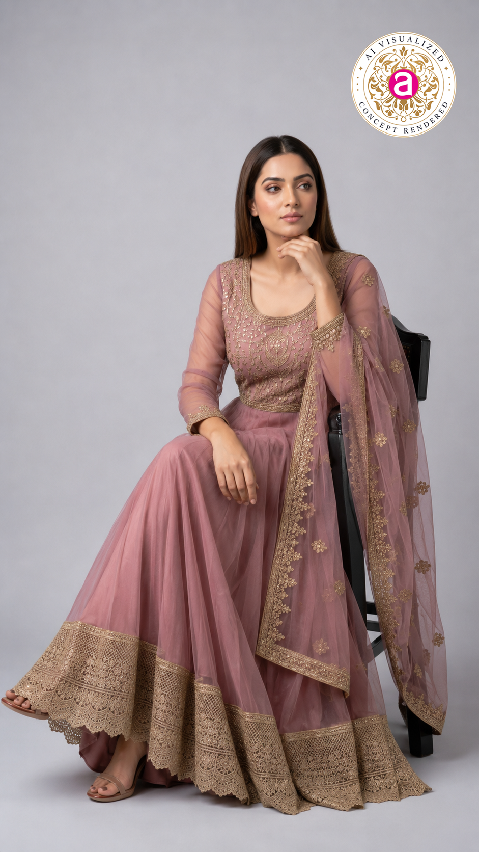 Dusty Rose Embroidered Anarkali Gown with Designer Dupatta