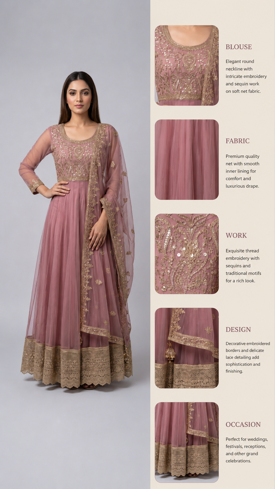 Dusty Rose Embroidered Anarkali Gown with Designer Dupatta