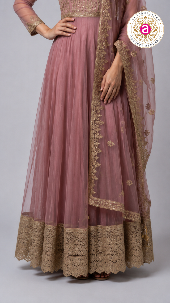 Dusty Rose Embroidered Anarkali Gown with Designer Dupatta