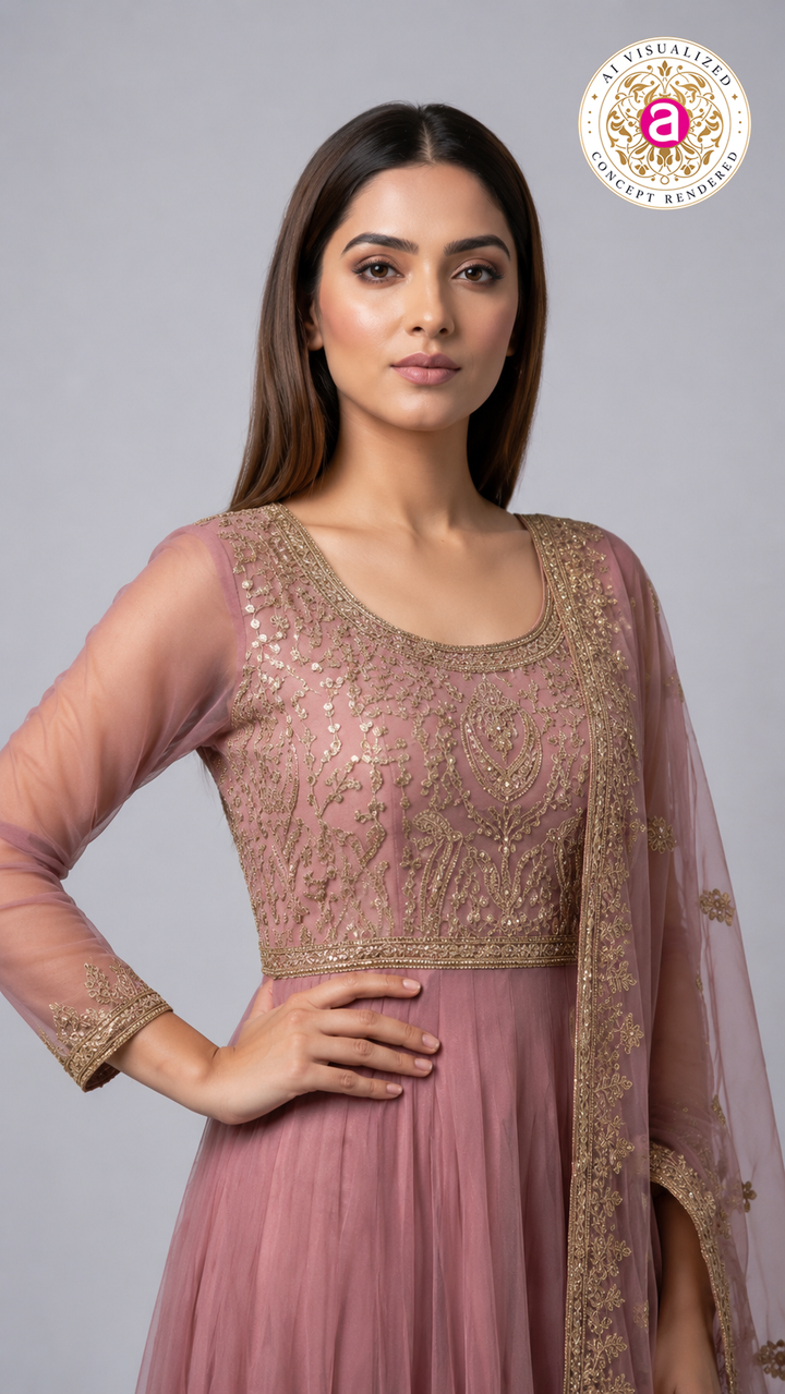 Dusty Rose Embroidered Anarkali Gown with Designer Dupatta