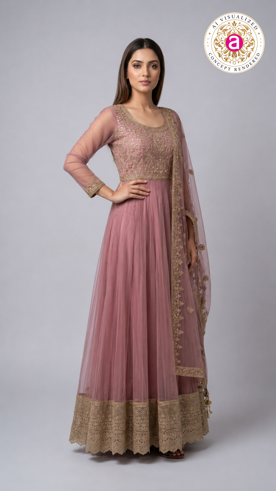 Dusty Rose Embroidered Anarkali Gown with Designer Dupatta