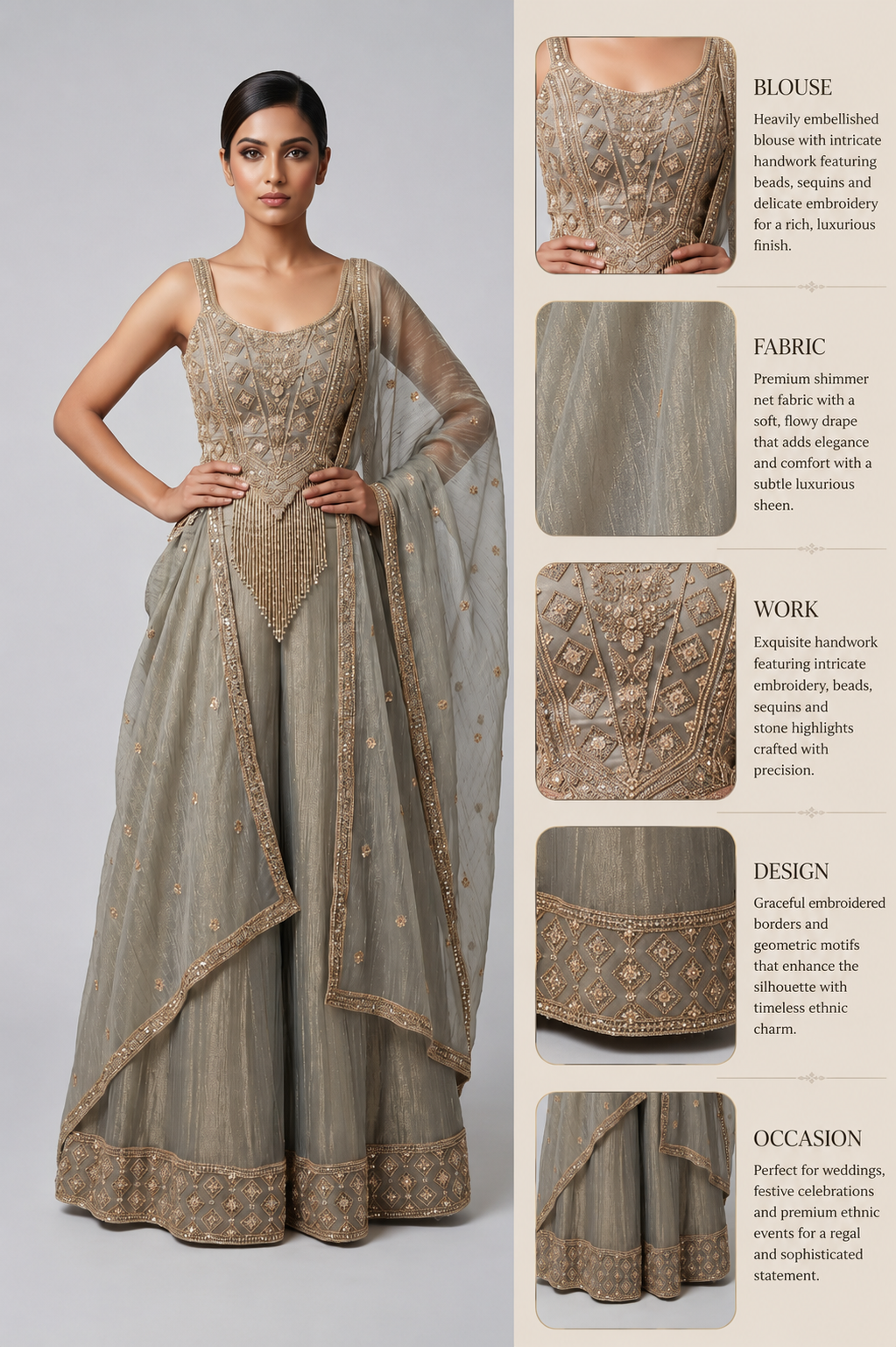 Smoke Grey Embellished Palazzo Set with Handcrafted Bodice & Organza Dupatta