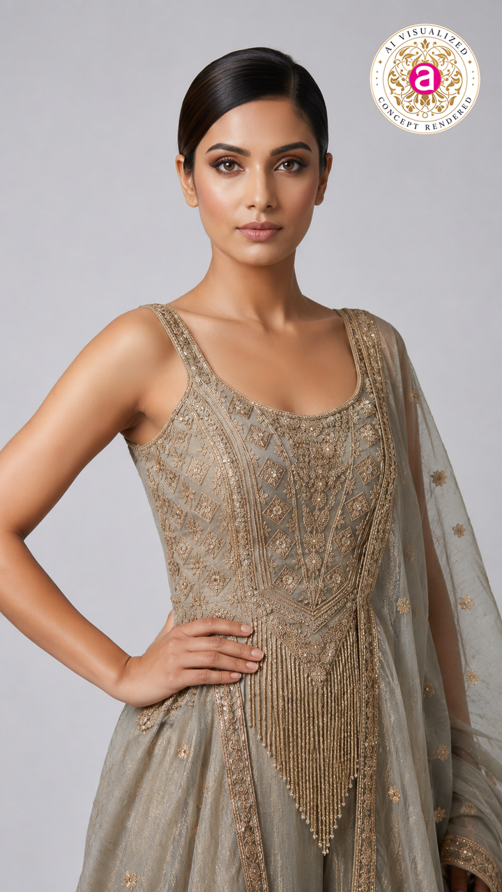 Smoke Grey Embellished Palazzo Set with Handcrafted Bodice & Organza Dupatta