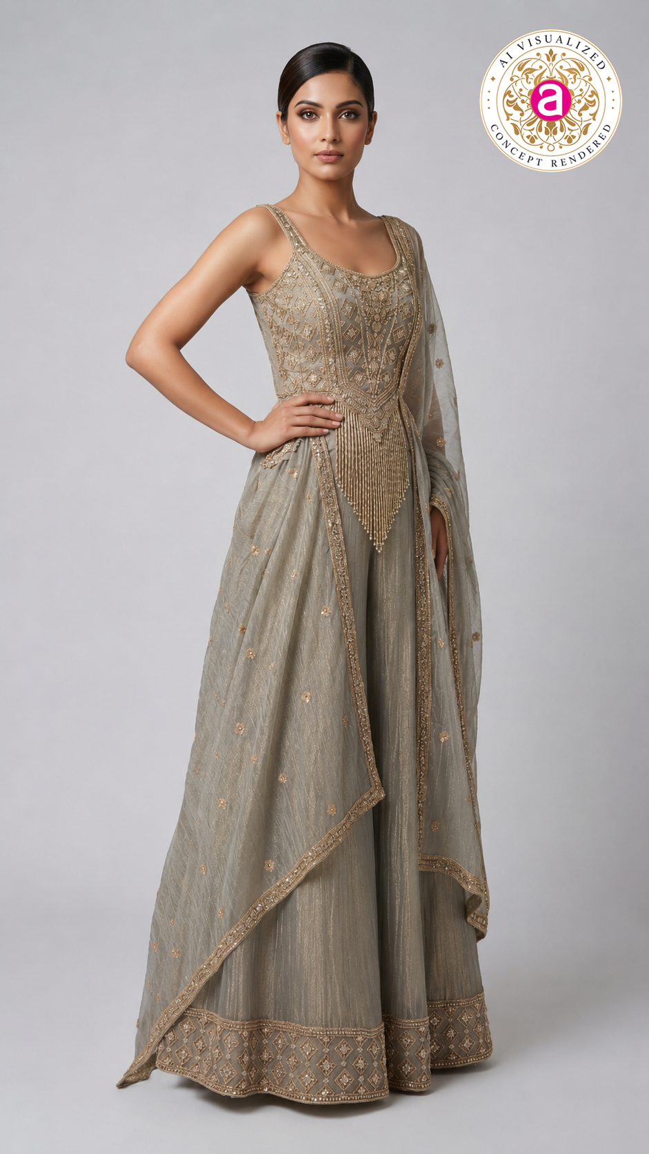 Smoke Grey Embellished Palazzo Set with Handcrafted Bodice & Organza Dupatta