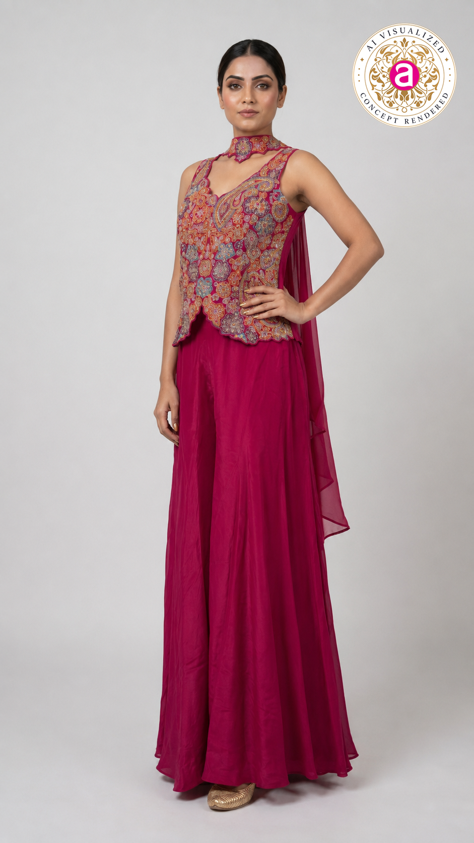 Rani Pink Kashmiri Embroidered Palazzo Set with Statement Choker Neckline