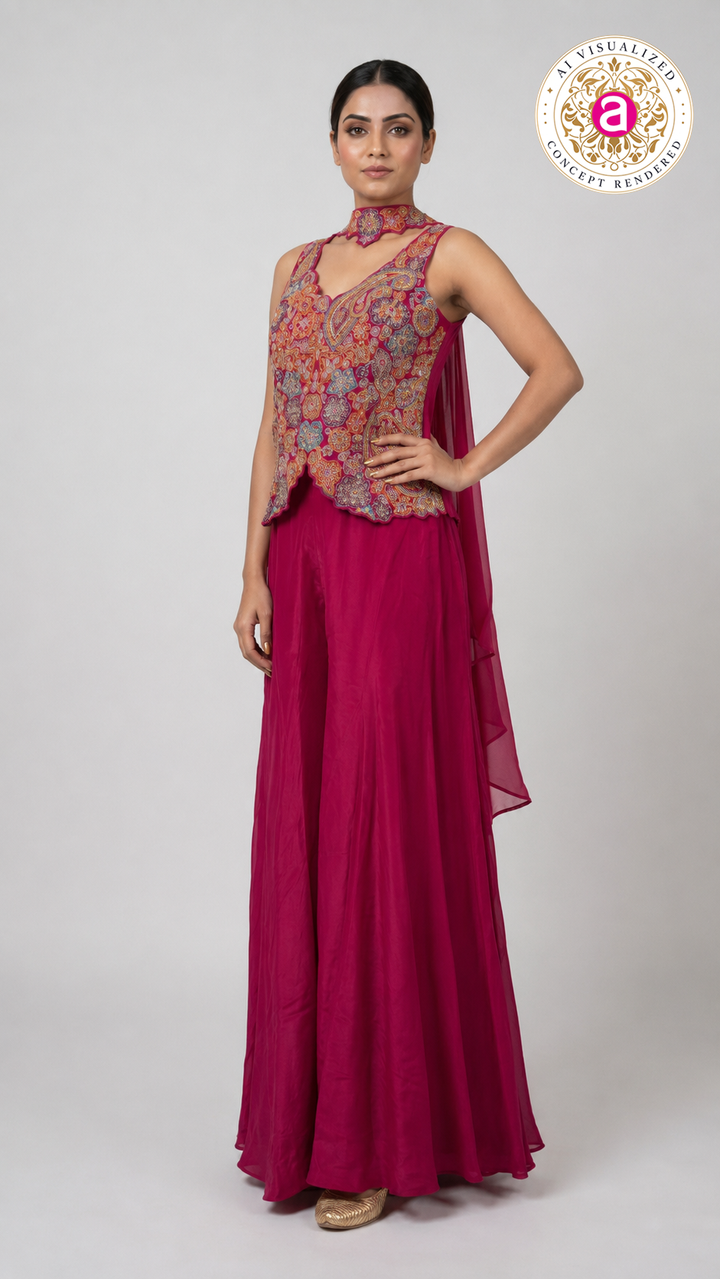 Rani Pink Kashmiri Embroidered Palazzo Set with Statement Choker Neckline