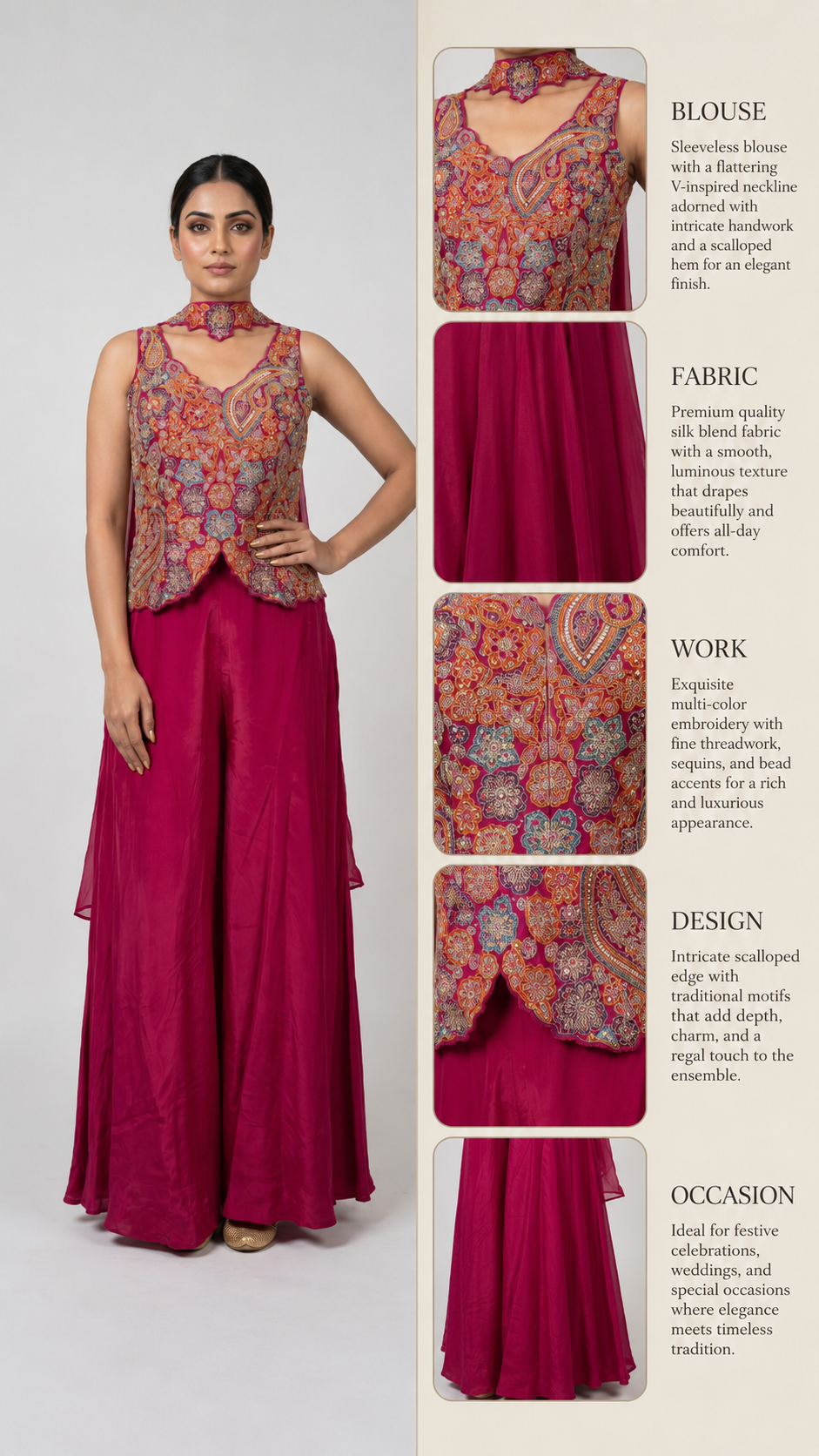 Rani Pink Kashmiri Embroidered Palazzo Set with Statement Choker Neckline