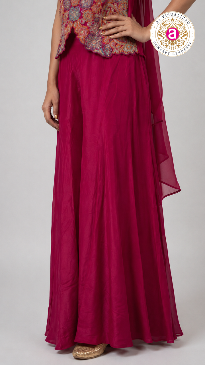Rani Pink Kashmiri Embroidered Palazzo Set with Statement Choker Neckline