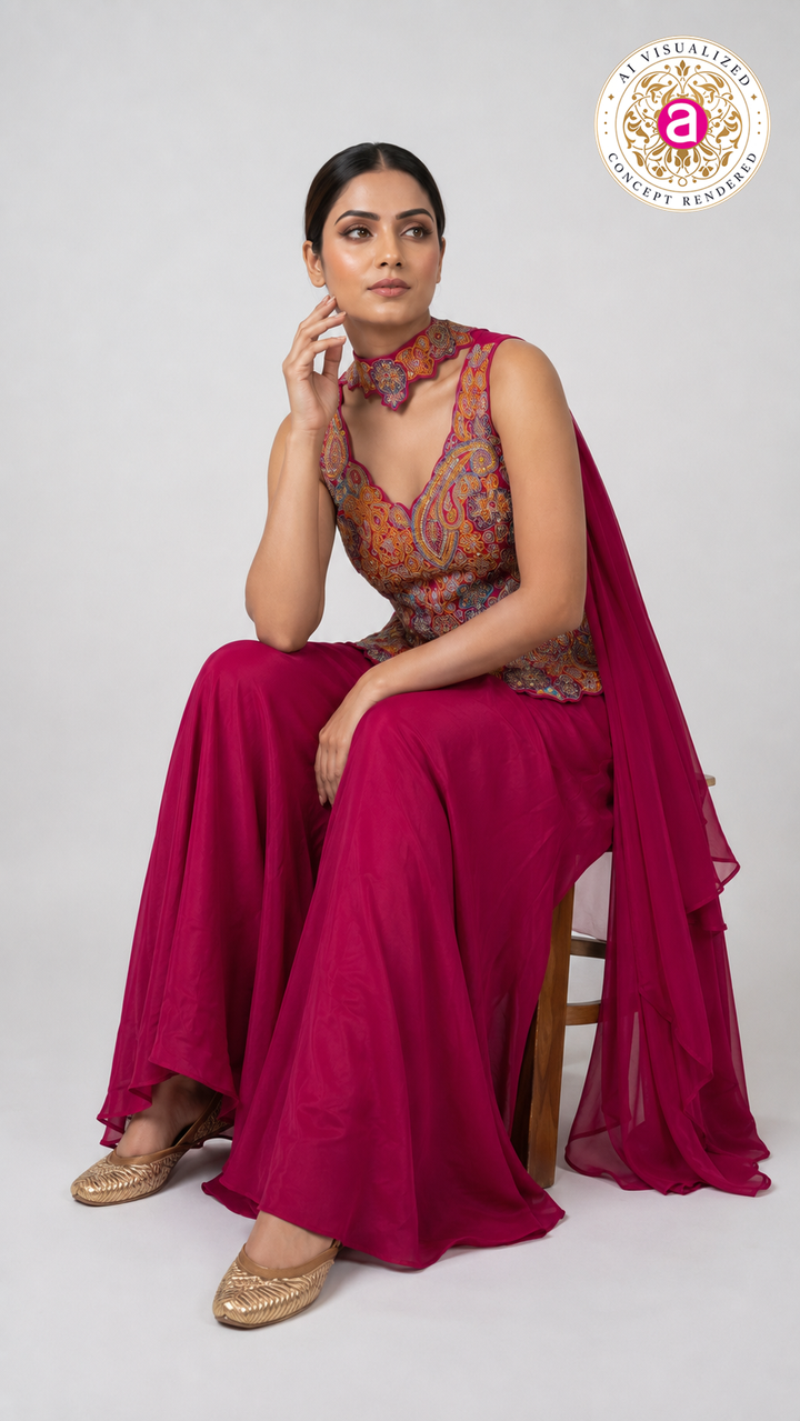Rani Pink Kashmiri Embroidered Palazzo Set with Statement Choker Neckline