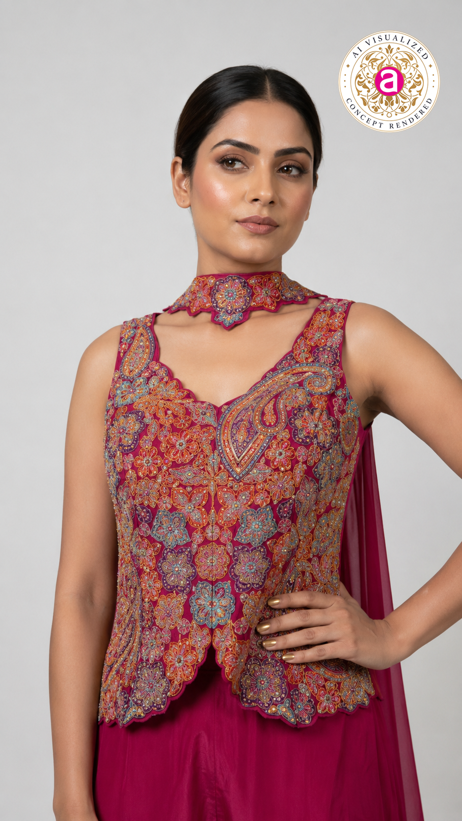 Rani Pink Kashmiri Embroidered Palazzo Set with Statement Choker Neckline