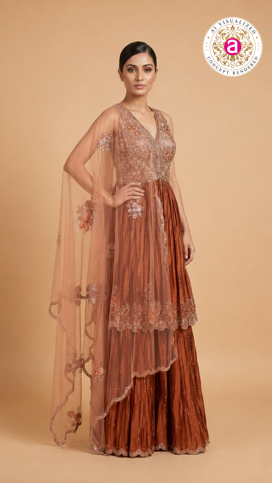 Rust Copper Embroidered Sharara Set with Floral Cape Dupatta
