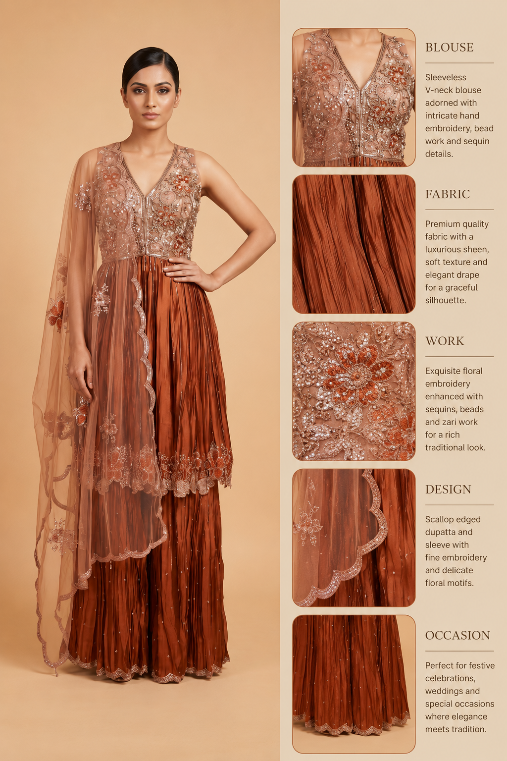 Rust Copper Embroidered Sharara Set with Floral Cape Dupatta