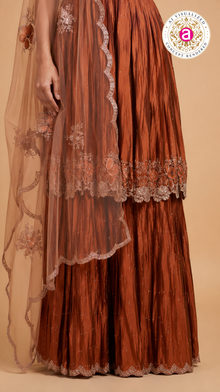 Rust Copper Embroidered Sharara Set with Floral Cape Dupatta