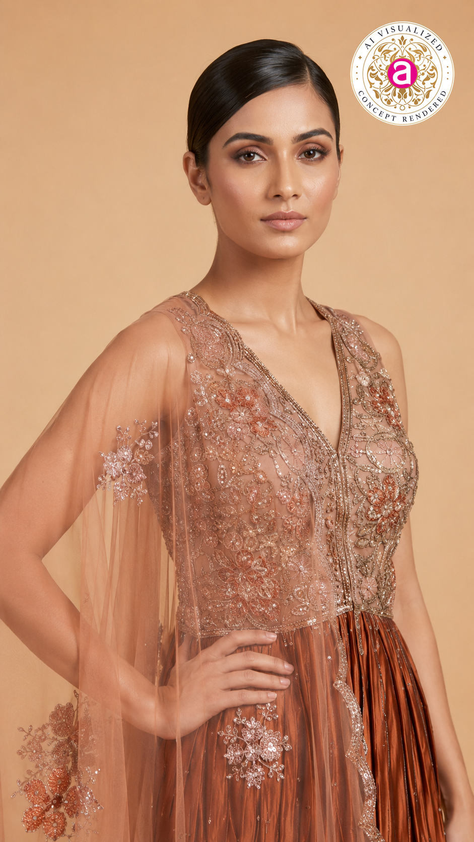 Rust Copper Embroidered Sharara Set with Floral Cape Dupatta