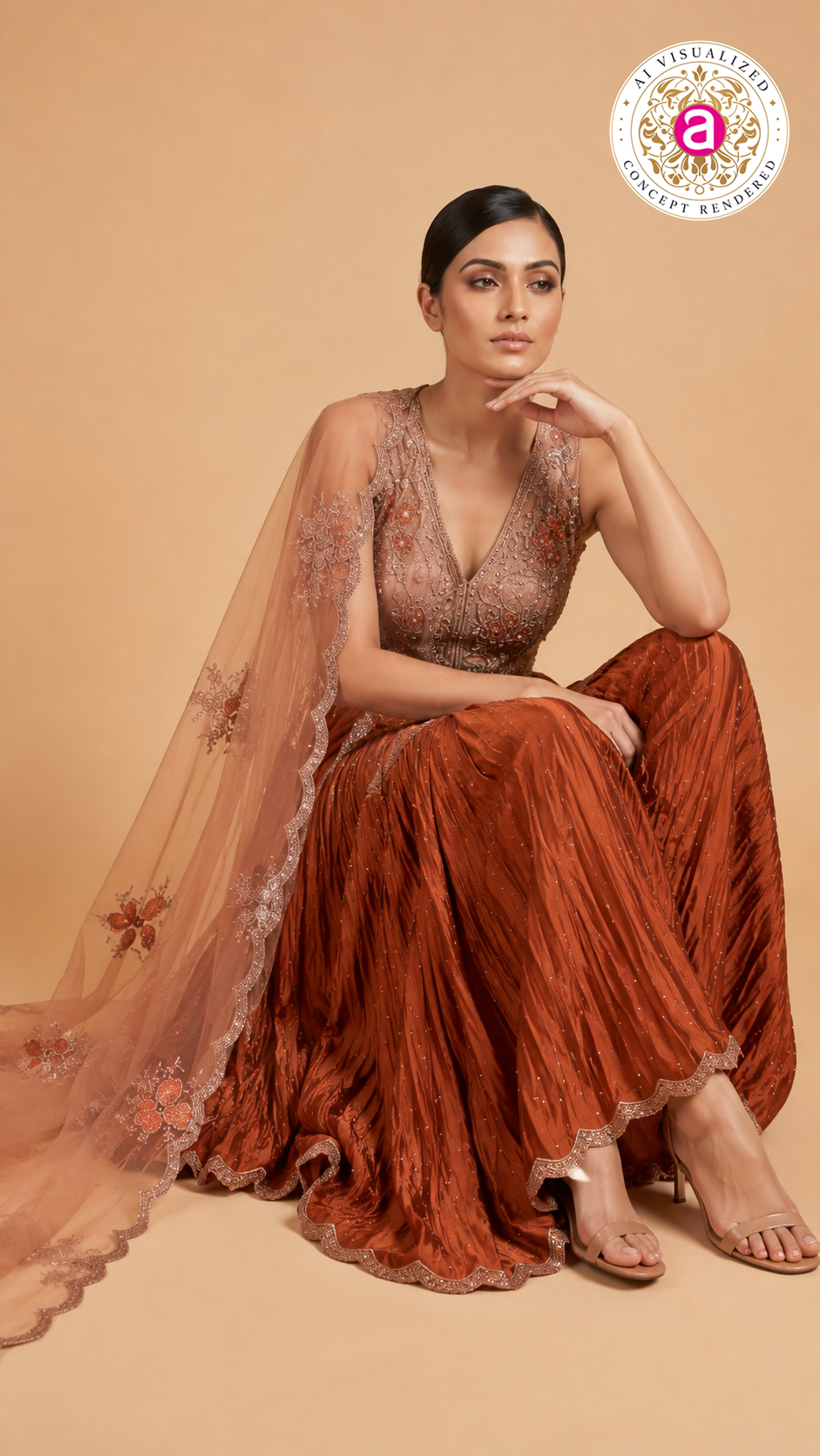 Rust Copper Embroidered Sharara Set with Floral Cape Dupatta