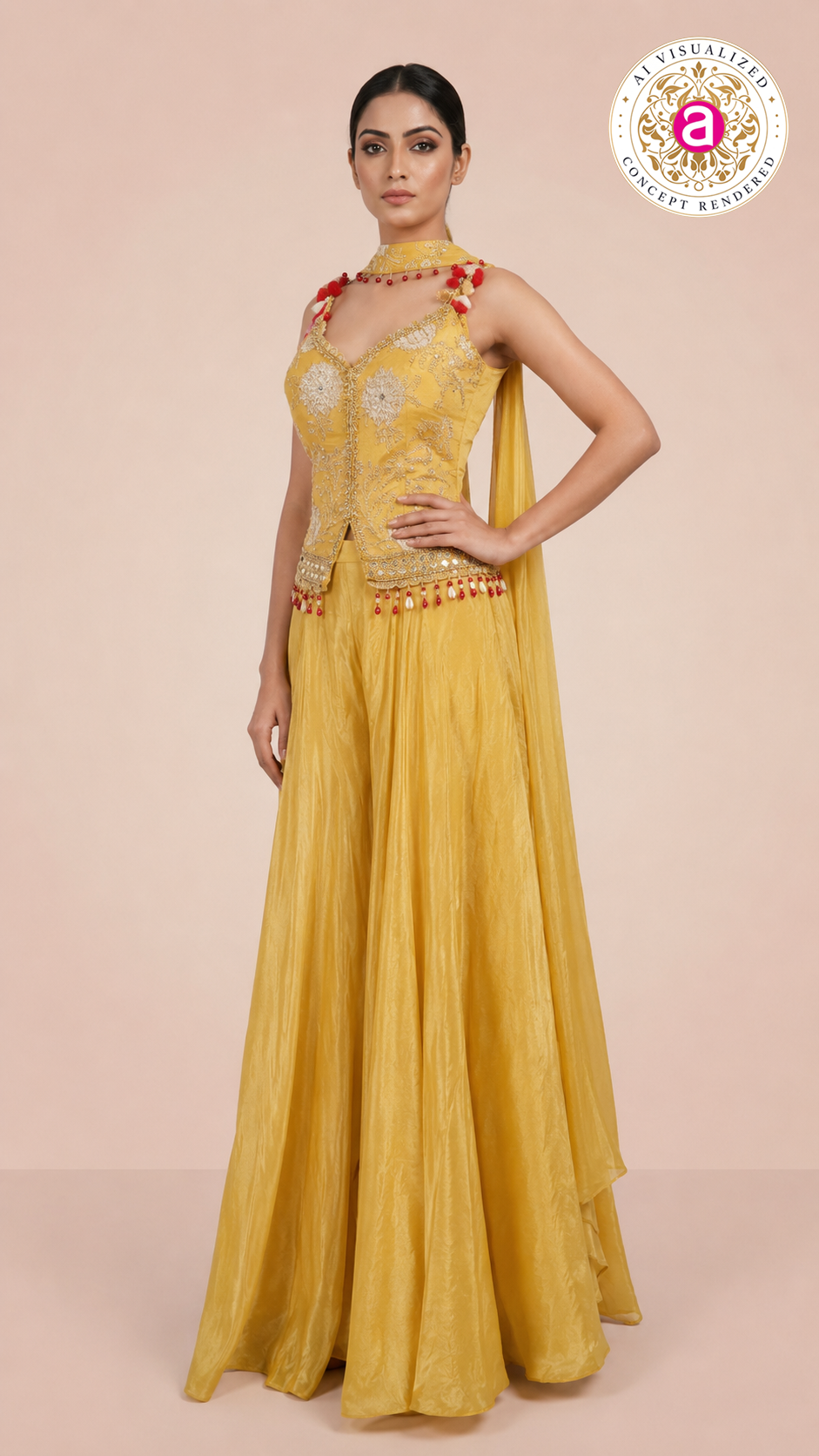 Sunshine Yellow Embroidered Palazzo Set with Tassel Choker Dupatta