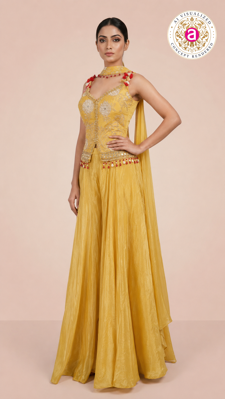 Sunshine Yellow Embroidered Palazzo Set with Tassel Choker Dupatta