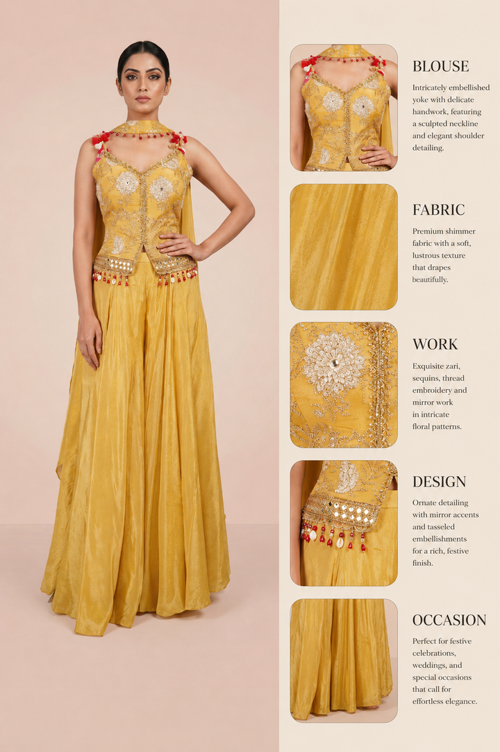 Sunshine Yellow Embroidered Palazzo Set with Tassel Choker Dupatta