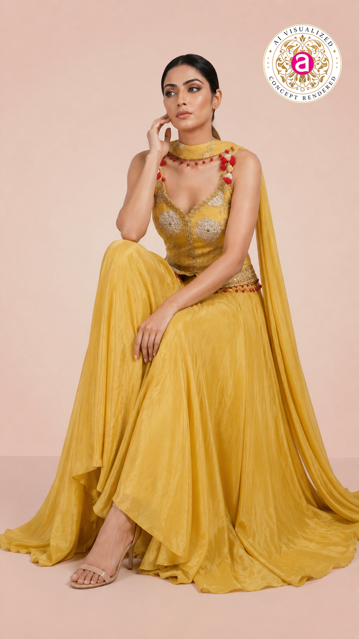 Sunshine Yellow Embroidered Palazzo Set with Tassel Choker Dupatta
