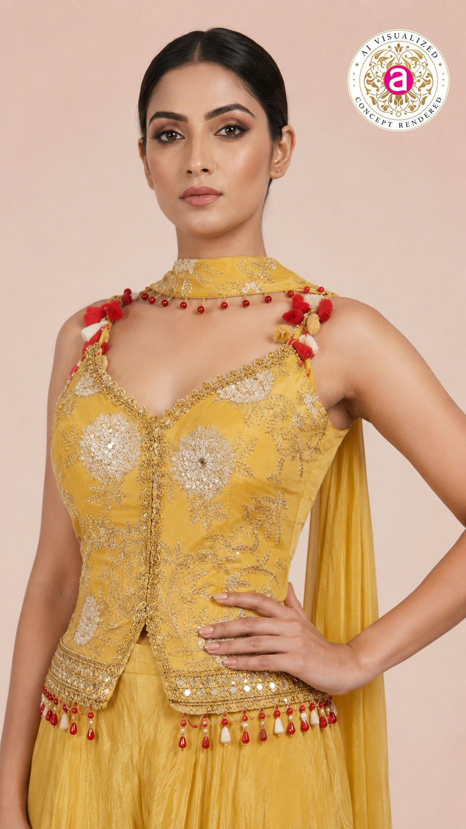 Sunshine Yellow Embroidered Palazzo Set with Tassel Choker Dupatta