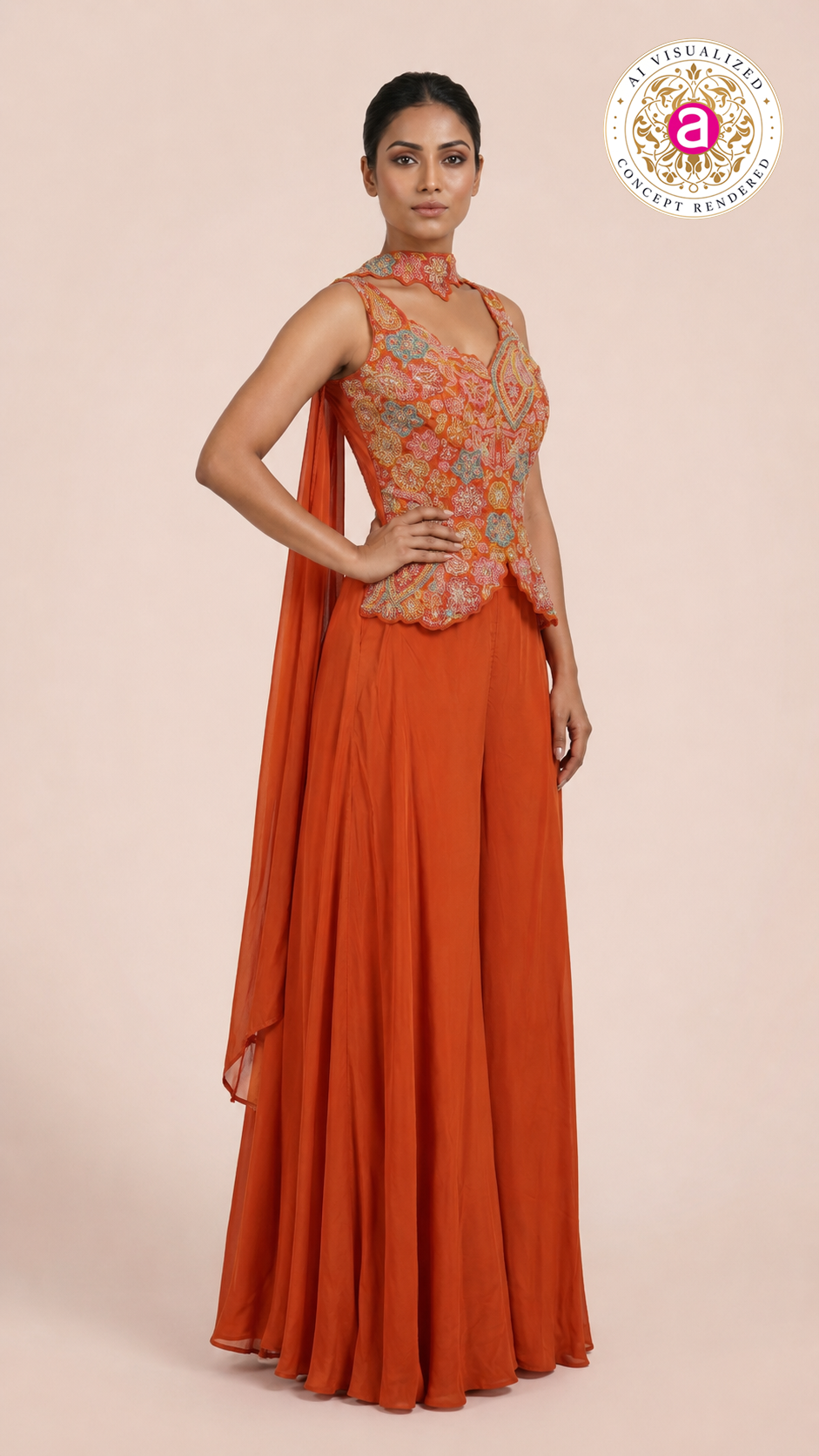 Burnt Orange Kashmiri Embroidered Palazzo Set with Designer Choker Neckline