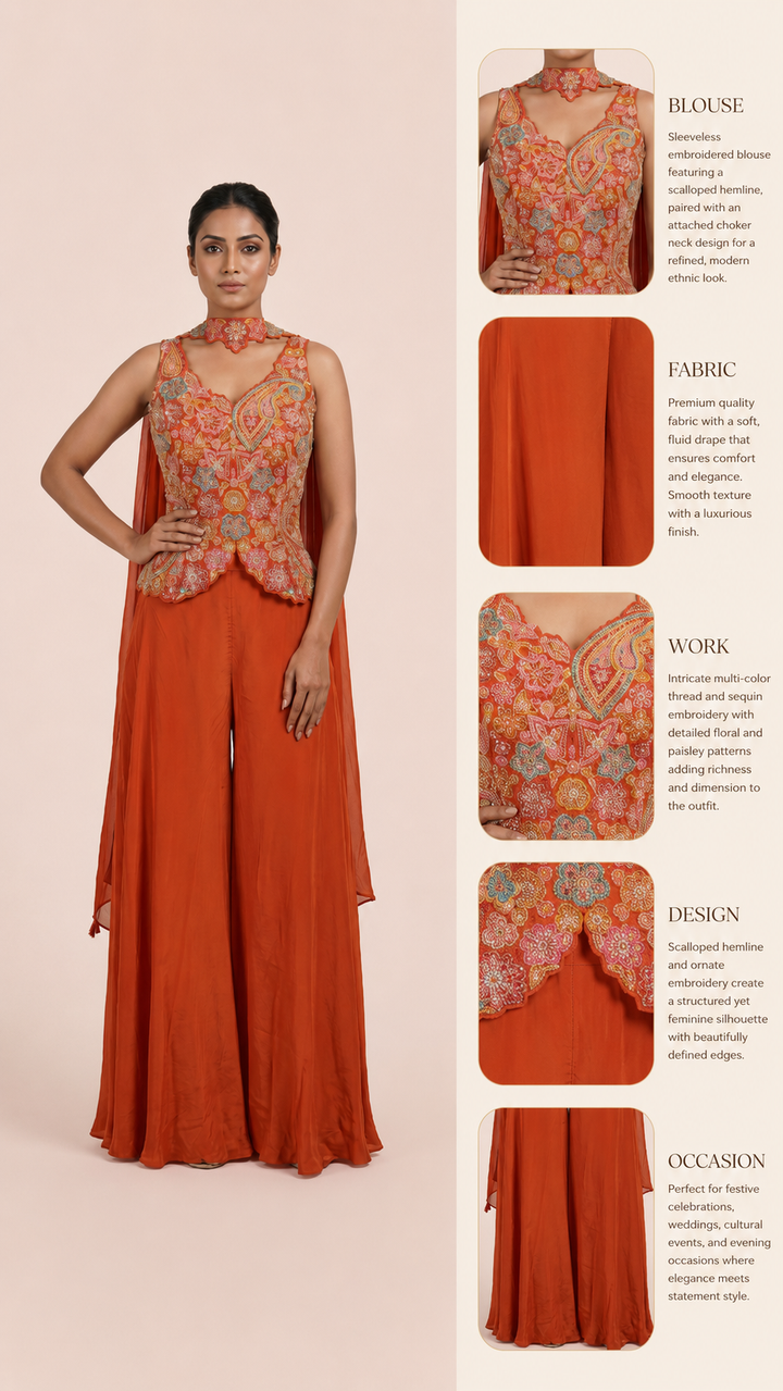 Burnt Orange Kashmiri Embroidered Palazzo Set with Designer Choker Neckline