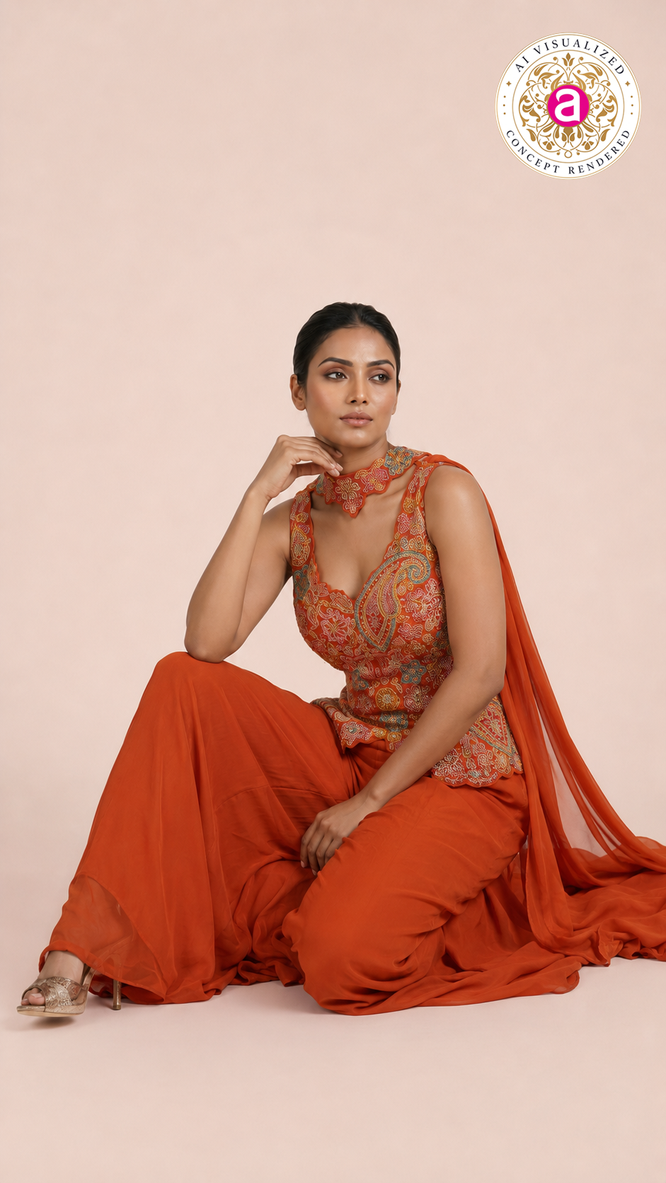 Burnt Orange Kashmiri Embroidered Palazzo Set with Designer Choker Neckline