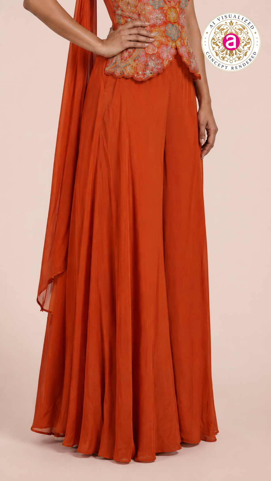 Burnt Orange Kashmiri Embroidered Palazzo Set with Designer Choker Neckline