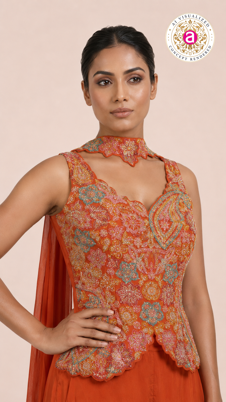 Burnt Orange Kashmiri Embroidered Palazzo Set with Designer Choker Neckline