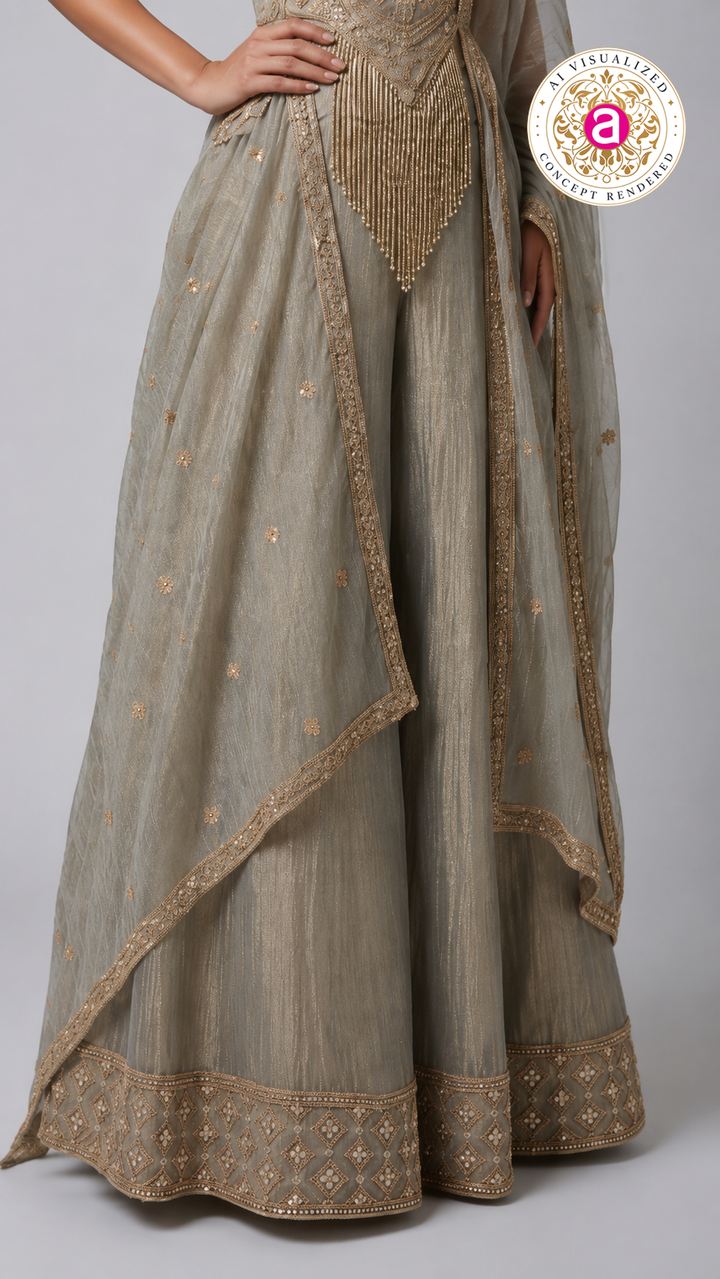 Smoke Grey Embellished Palazzo Set with Handcrafted Bodice & Organza Dupatta